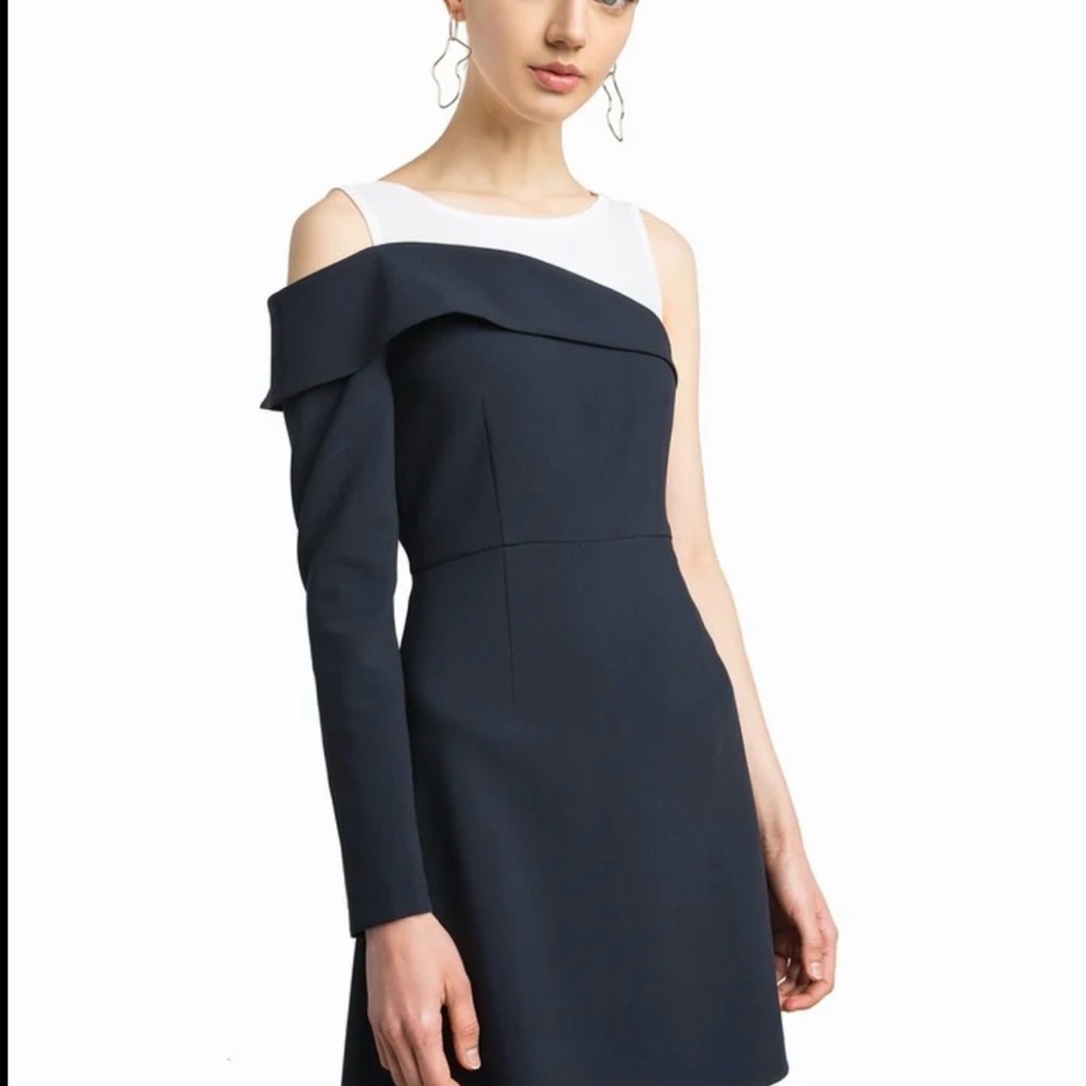 Elegant Navy and White Off-Shoulder Dress